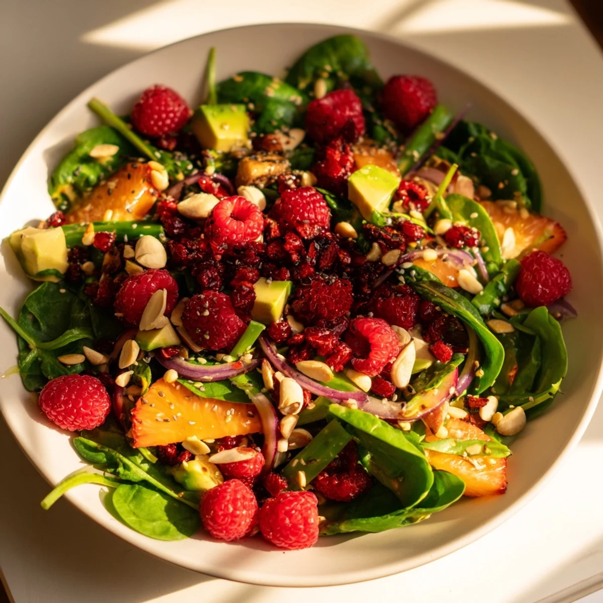 Close-up of a colorful vegan berry salad, showcasing sweet berries with a light, tangy dressing.