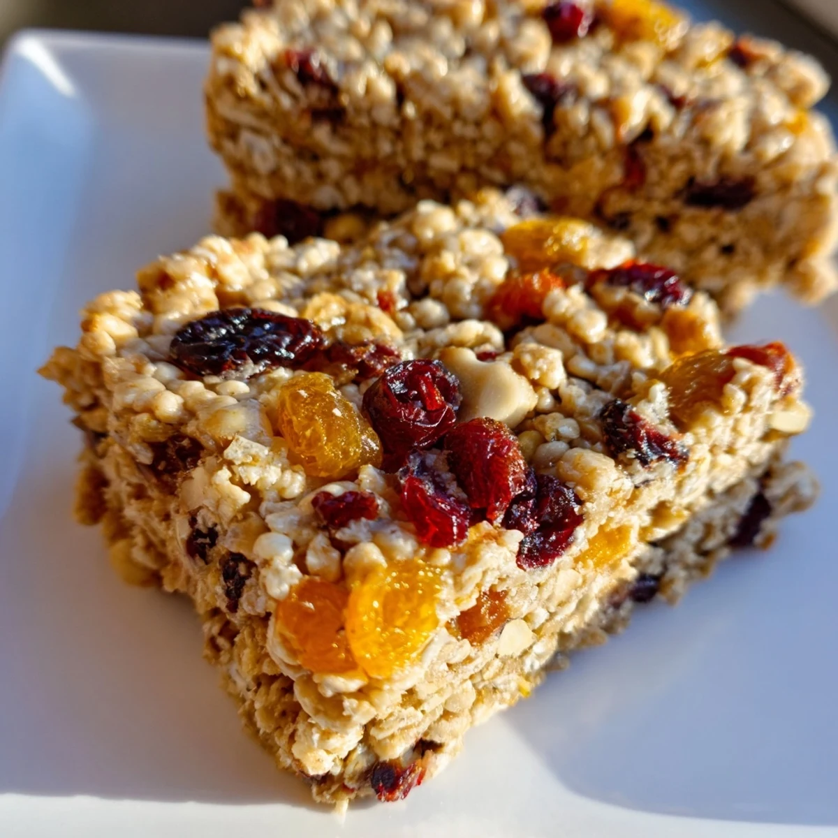 Golden, chewy Festive Oat Bars with visible dried cranberries and walnuts, ready to eat.