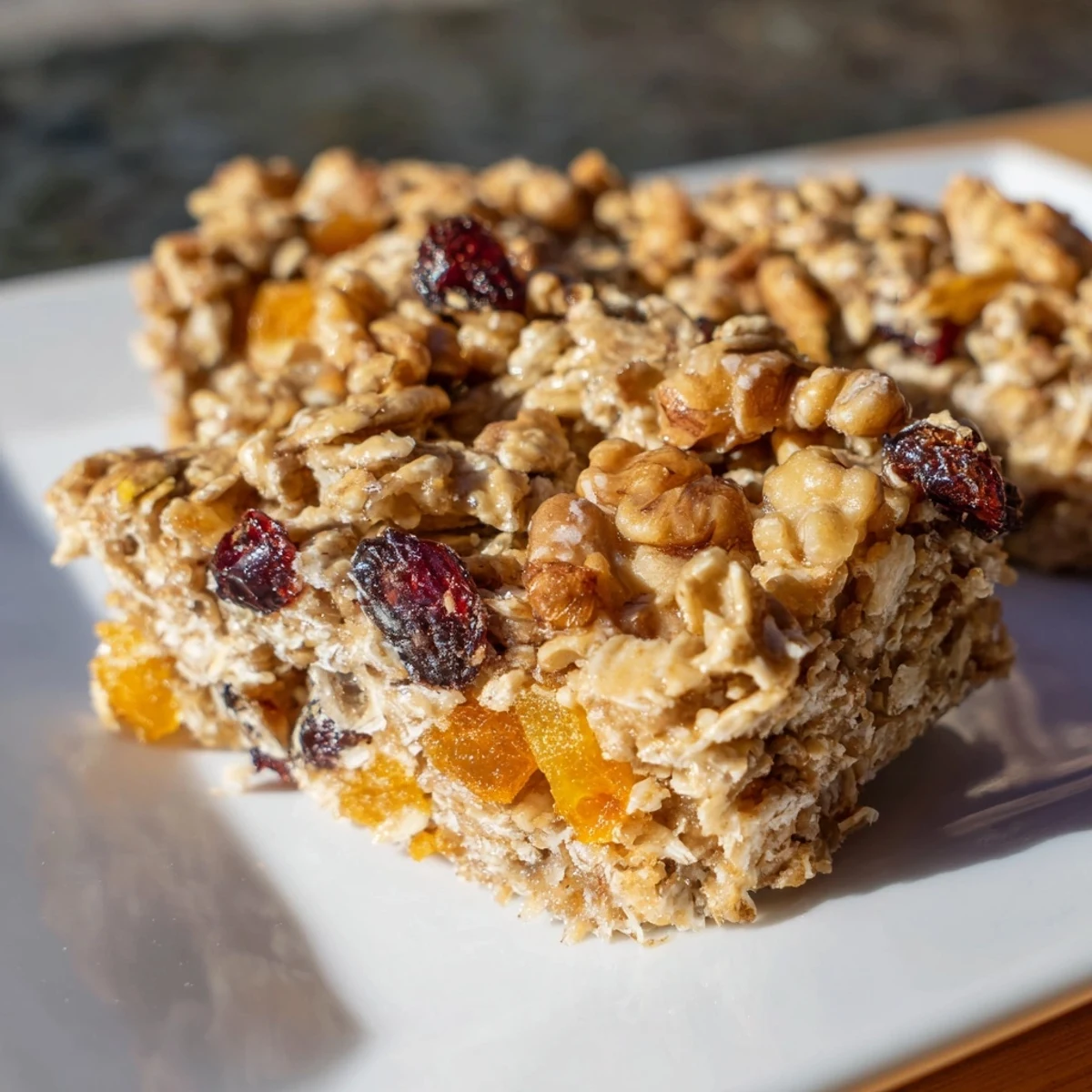 Close-up of a cut Festive Oat Bar, showcasing the hearty texture and rich fruit inclusions.