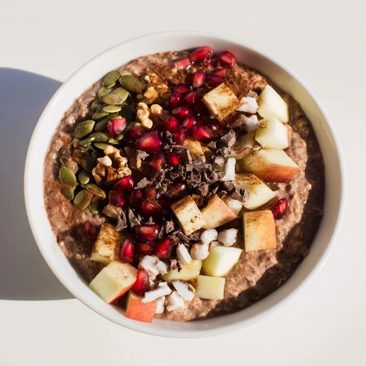 Steaming hot Winter Cacao Bowl, garnished with diced apples and vibrant red pomegranate seeds.