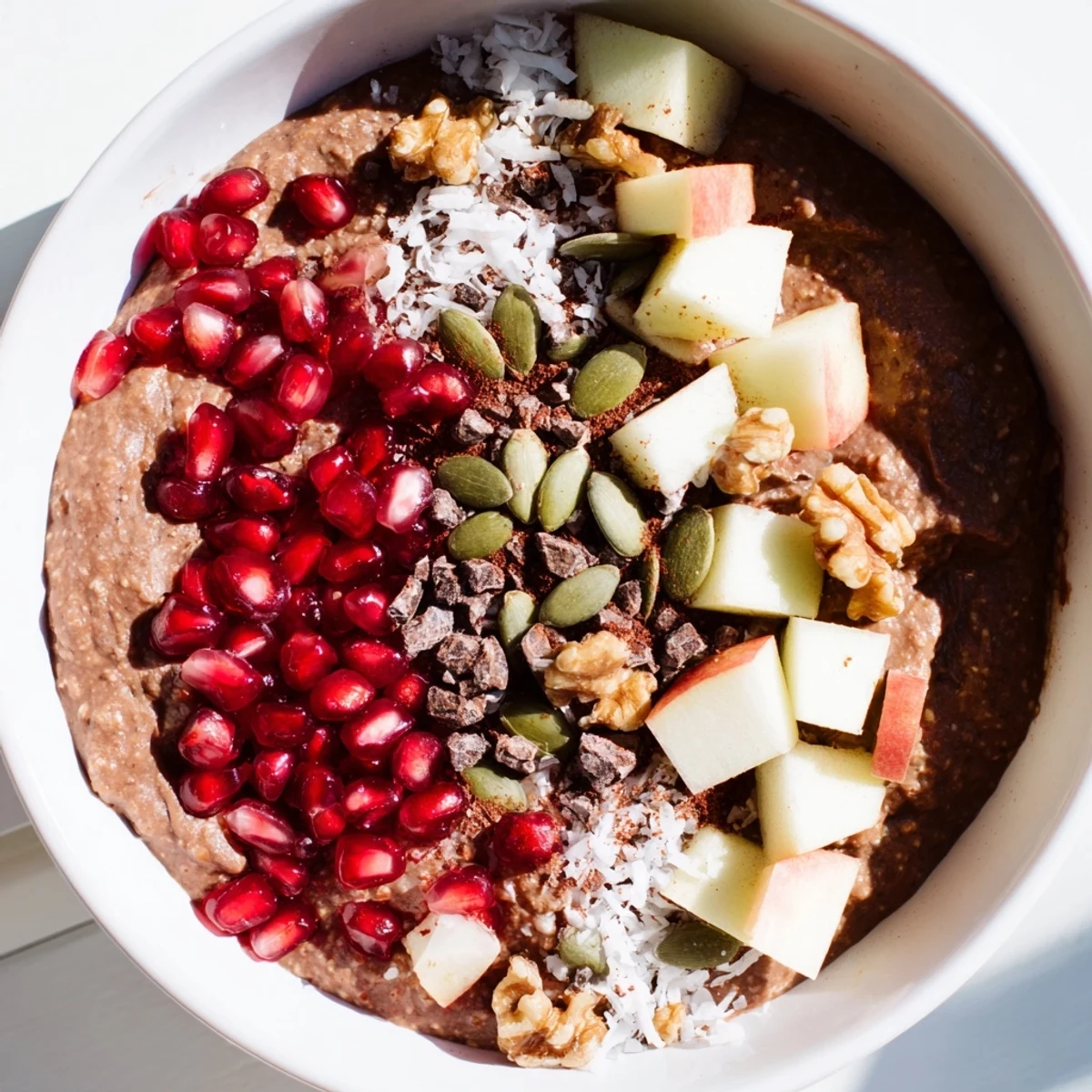 Creamy Winter Cacao Bowl topped with crunchy walnuts and glistening coconut flakes, ready to enjoy.