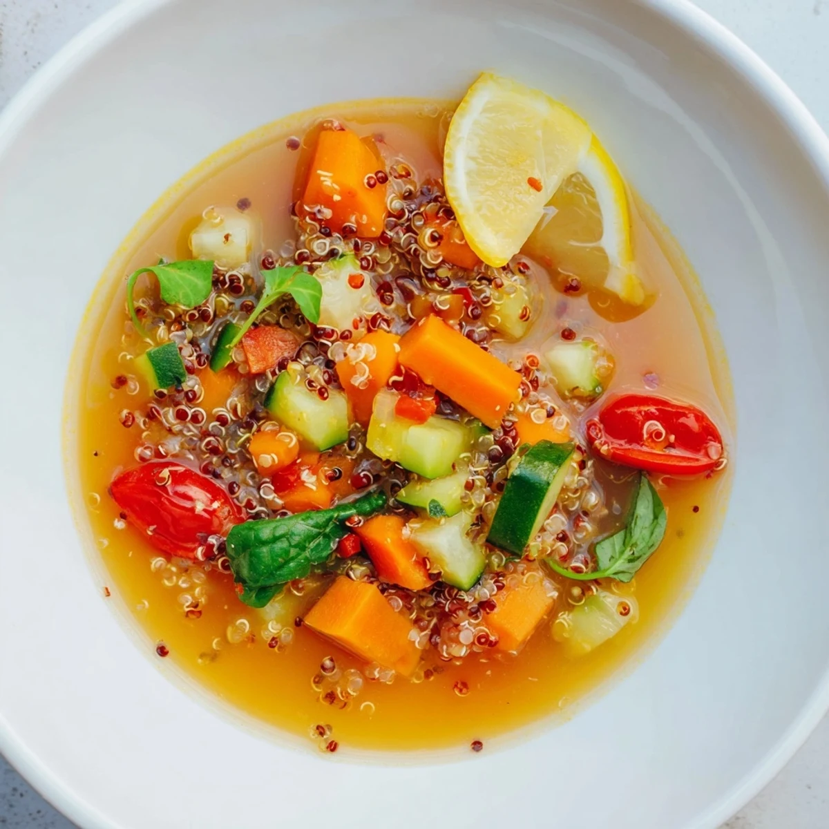 Close-up of a pot of simmering Festive Quinoa Soup featuring vibrant vegetables, ready to serve.
