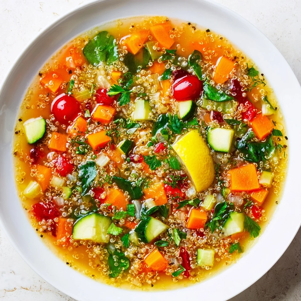 Bright, warm Festive Quinoa Soup, garnished with cilantro, perfect for a cozy, festive meal.