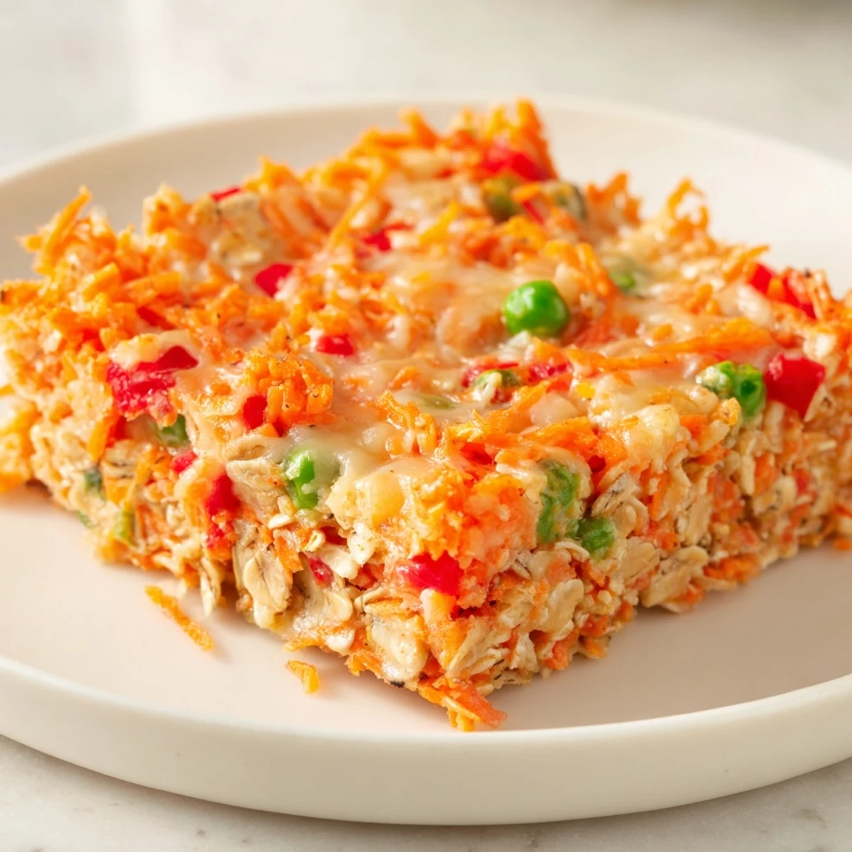 A close-up of baked Cozy Veggie Bars, revealing the texture and ingredients ready for serving.