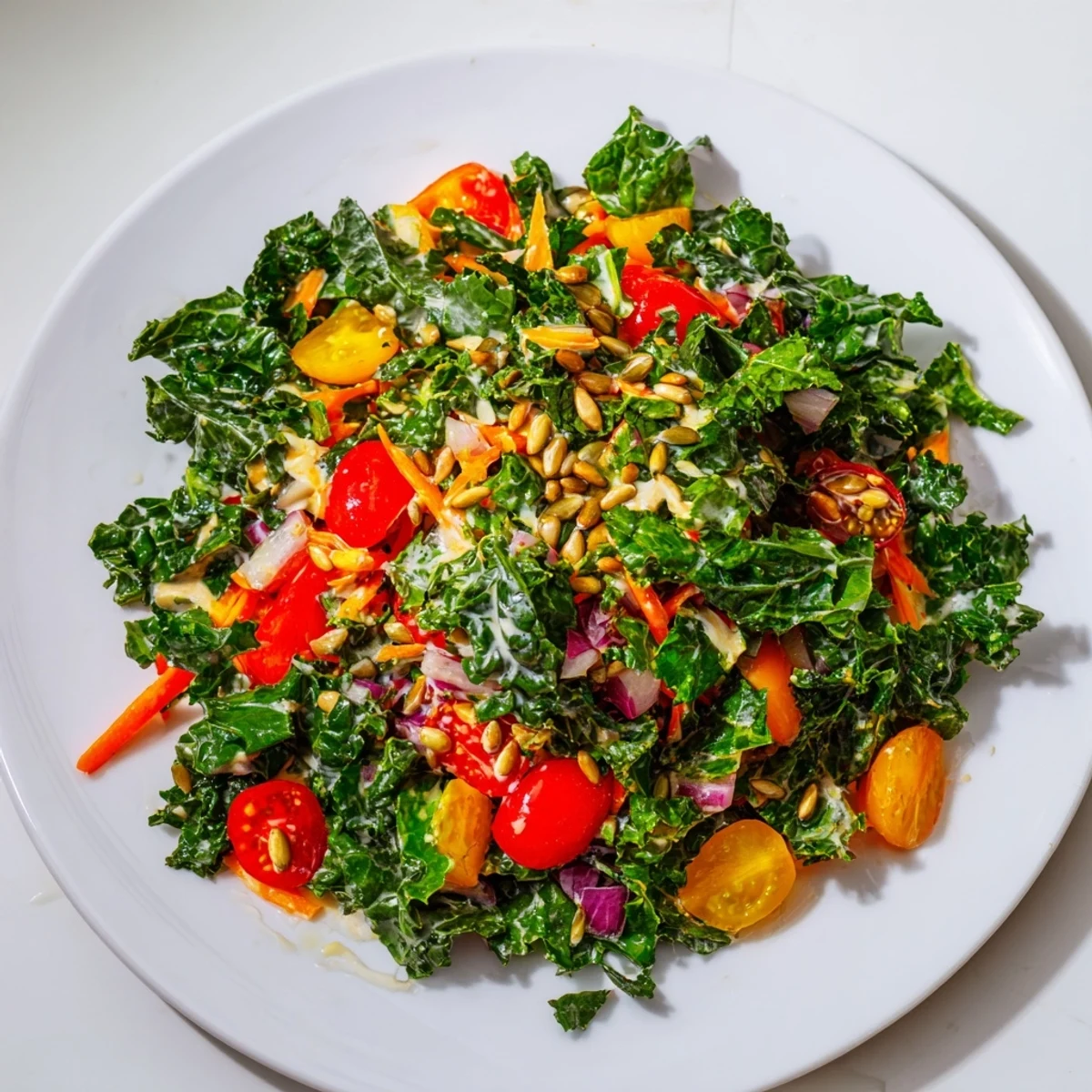 Bright Kale Treat salad, showcasing vibrant greens, red tomatoes, and shredded carrots in a bowl.