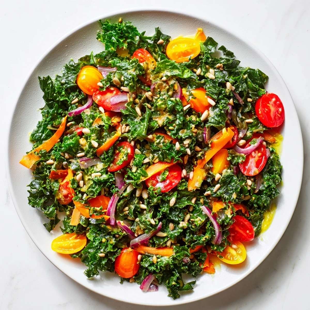 This Bright Kale Treat features a close-up of tender kale massaged beautifully and tossed with dressing.