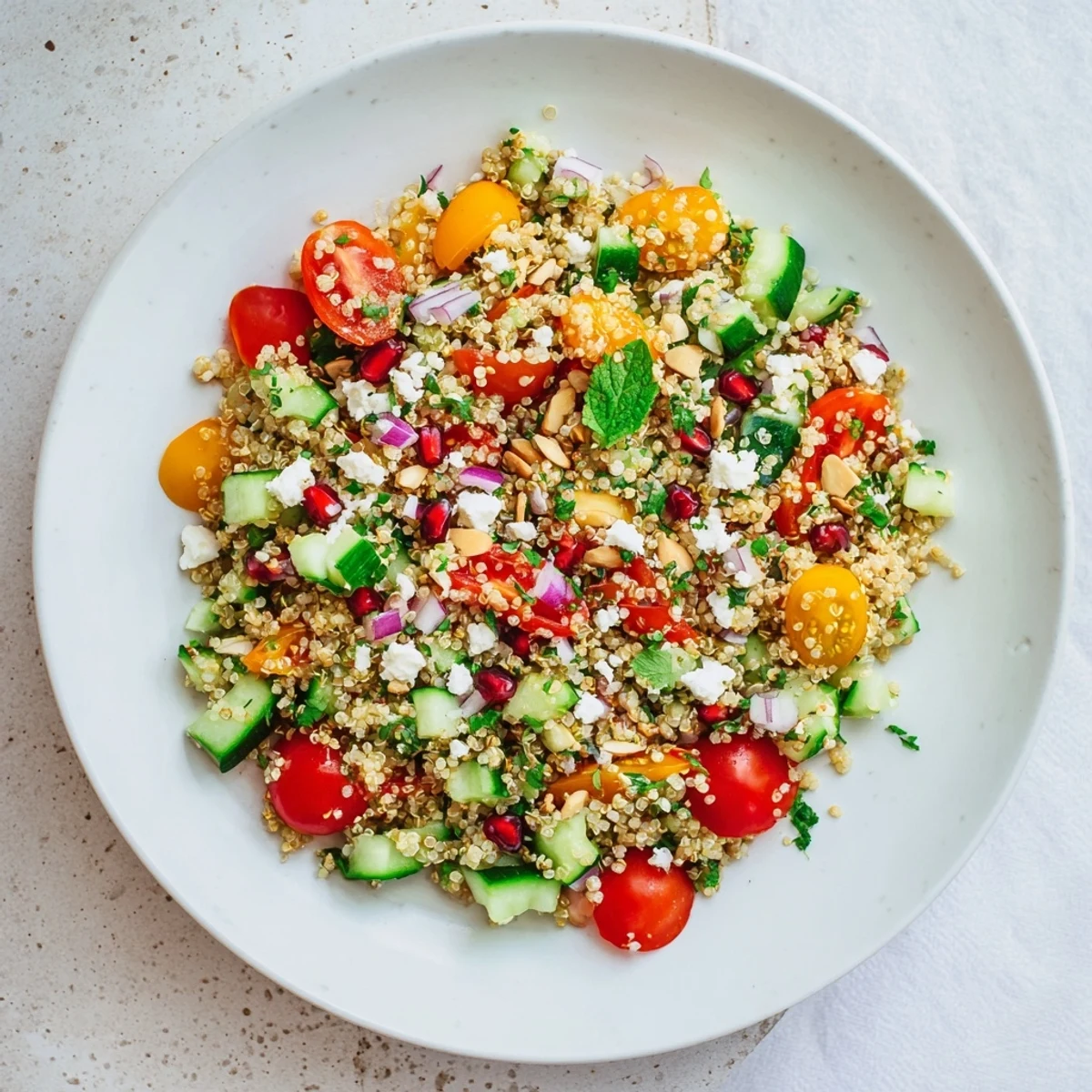 Vibrant Festive Quinoa Salad with roasted veggies and citrus dressing, a colorful, healthy lunch.