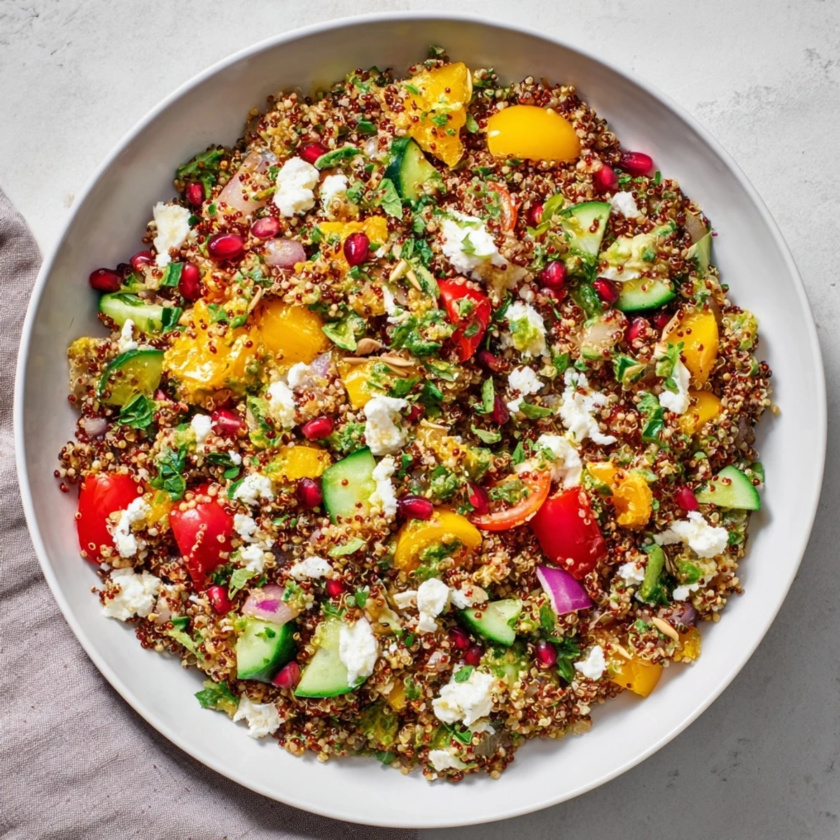 Delicious Festive Quinoa Salad with feta, a wholesome side dish with a zesty citrus dressing.