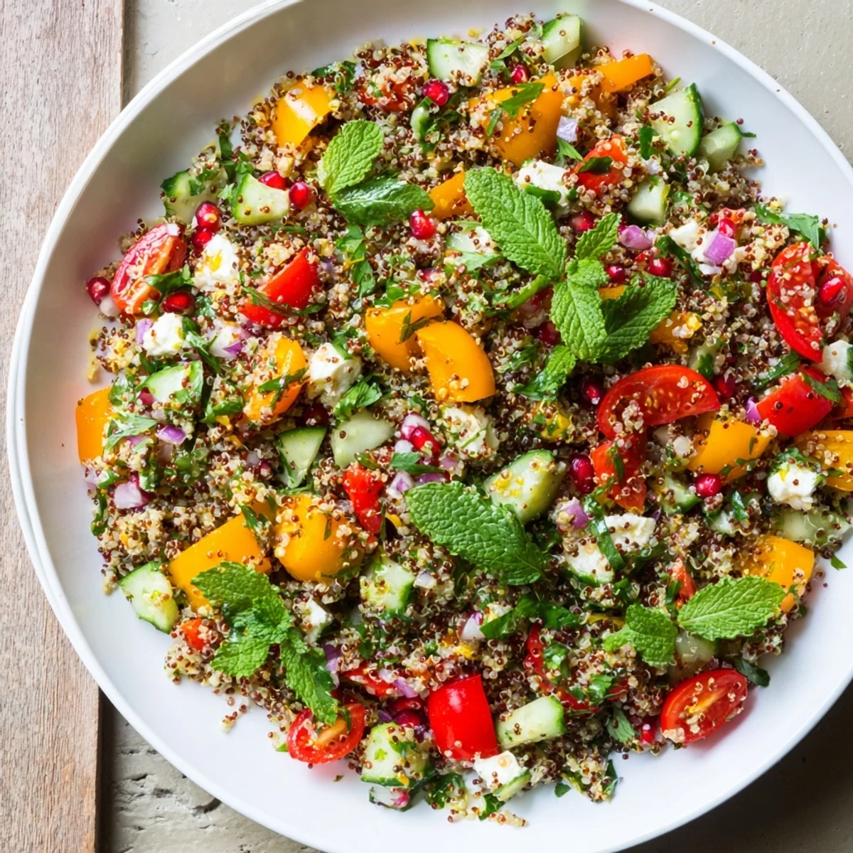 A refreshing Festive Quinoa Salad, featuring fluffy grains and juicy tomatoes ready for serving.