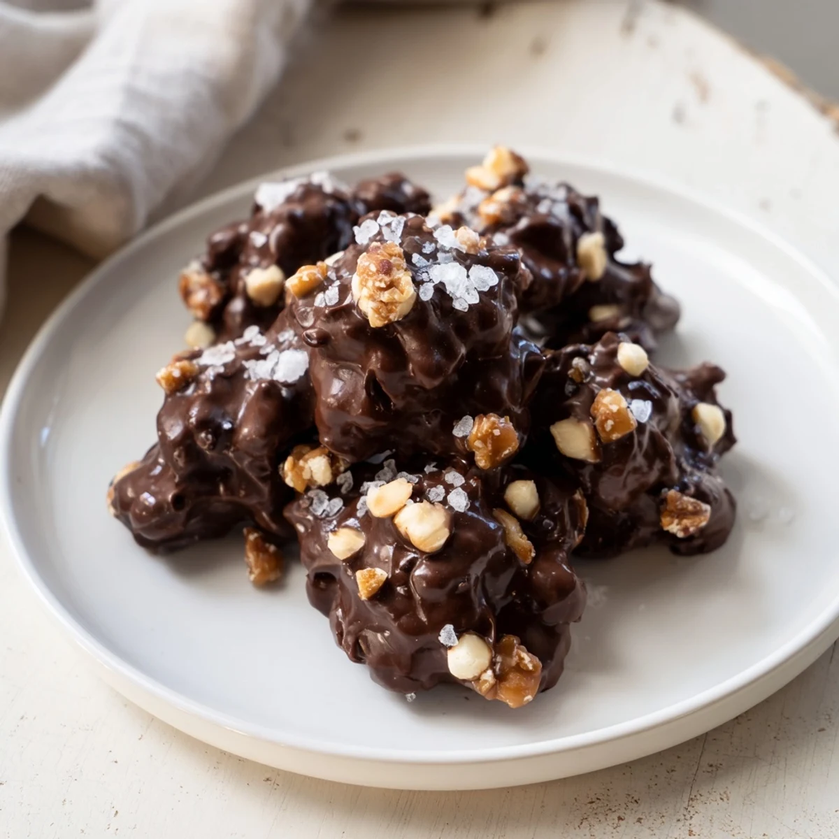A close-up of beautifully arranged vegan pear clusters with a sprinkle of sea salt and nutty crunch.