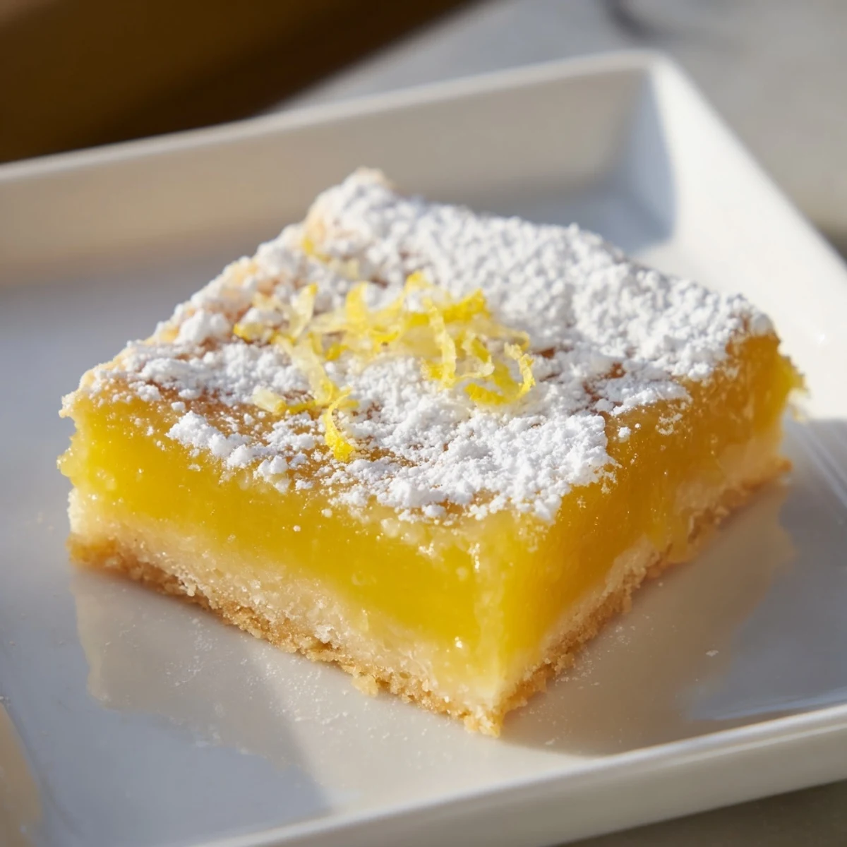 Bright yellow Seasonal Citrus Bars dusted with powdered sugar, ready to be enjoyed!