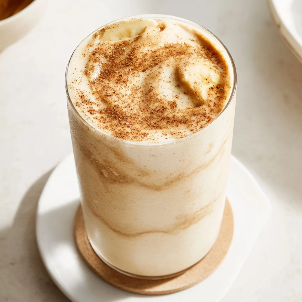 Smooth, blended Crisp Chickpea Smoothie, a vegan breakfast beverage, topped with cinnamon.