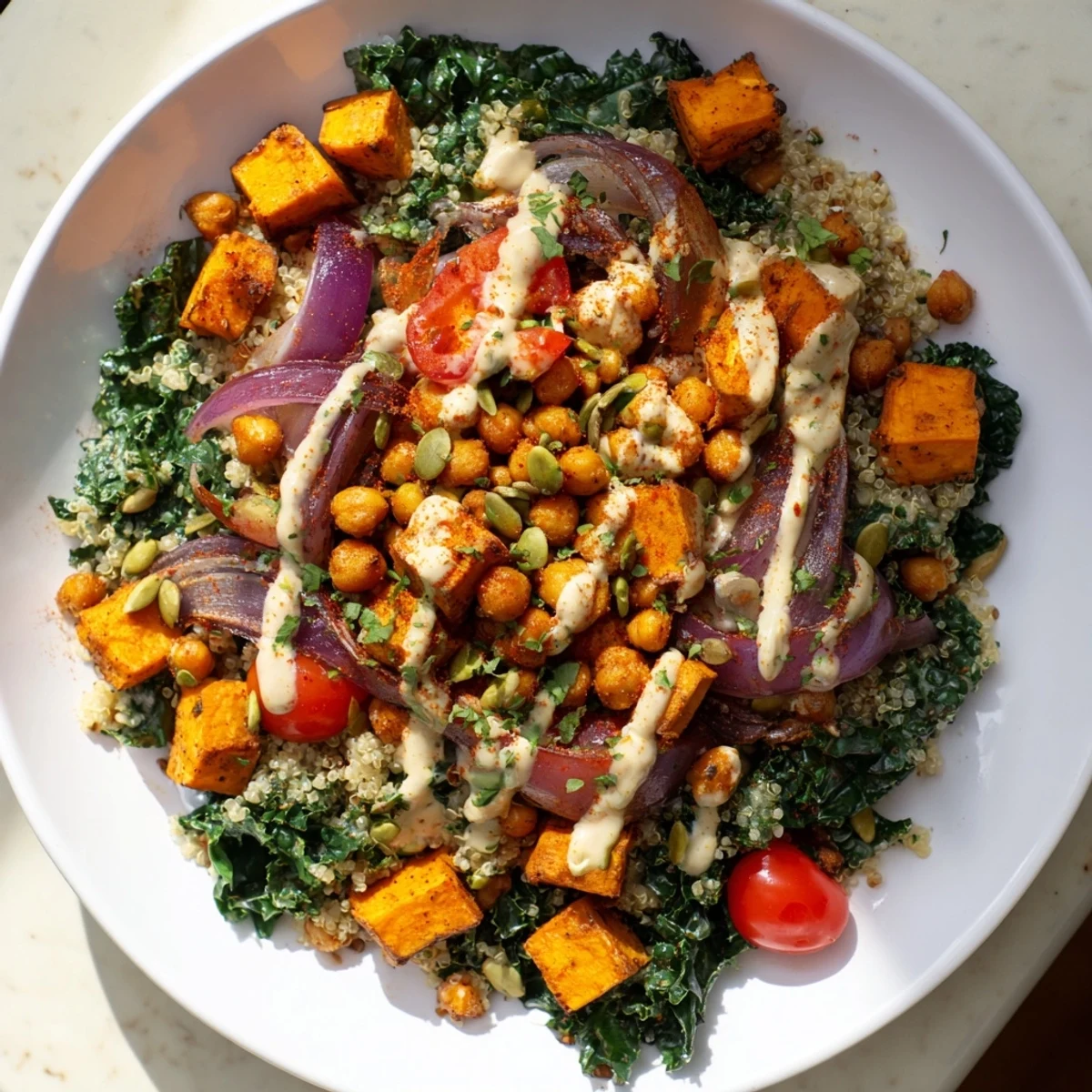 A colorful New Year Kale Bowl, showcasing roasted sweet potatoes and crispy chickpeas beautifully arranged.
