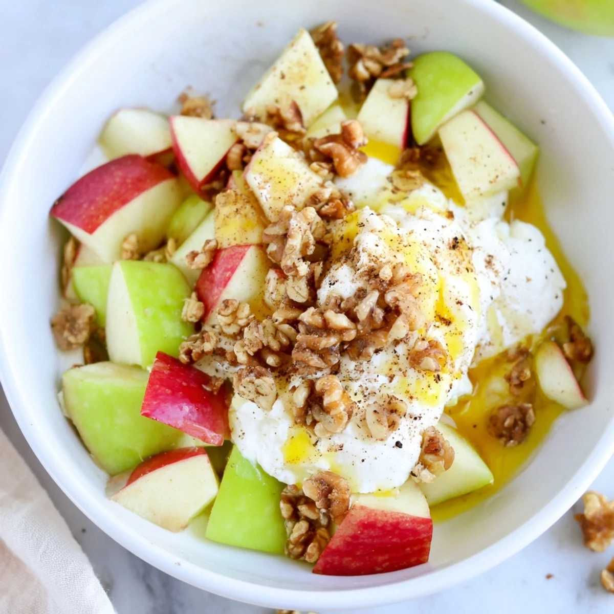 Bright and inviting, this Crisp Apple Bowl shows fresh apples and honey-drizzled yogurt.