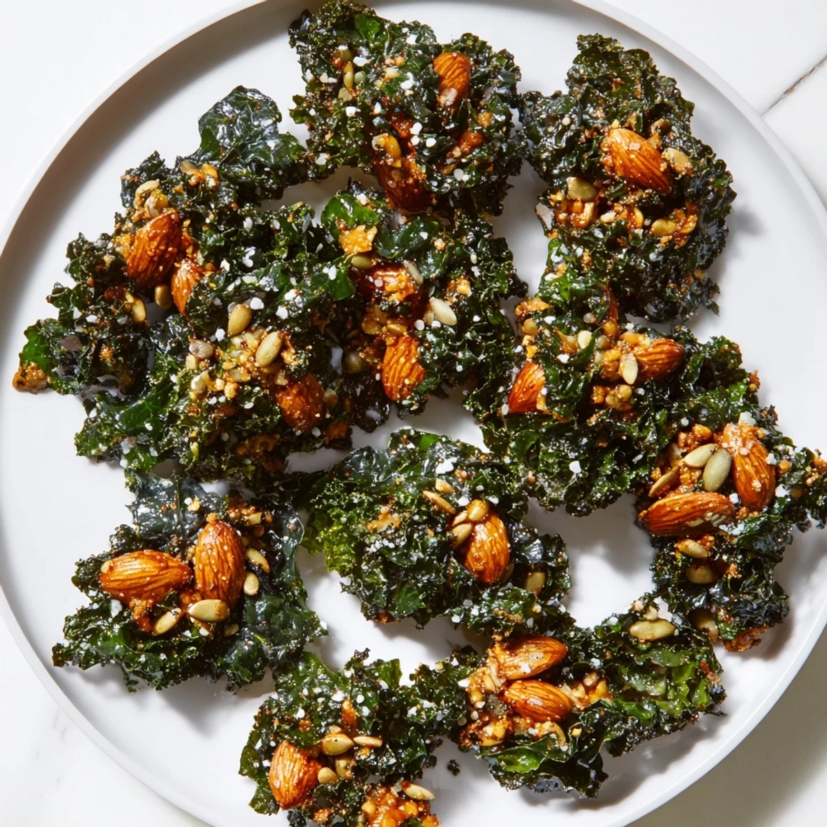 Crispy-baked Winter Kale Clusters with a mix of nuts and seeds, ready to be enjoyed.