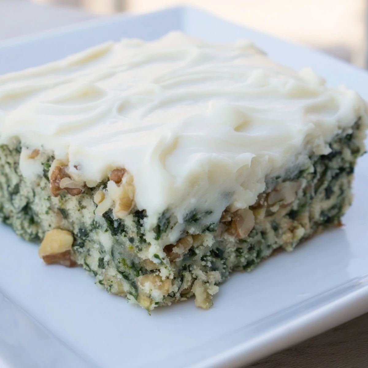 Close-up of freshly baked Frosted Spinach Bars, showing green flecks and vanilla frosting.