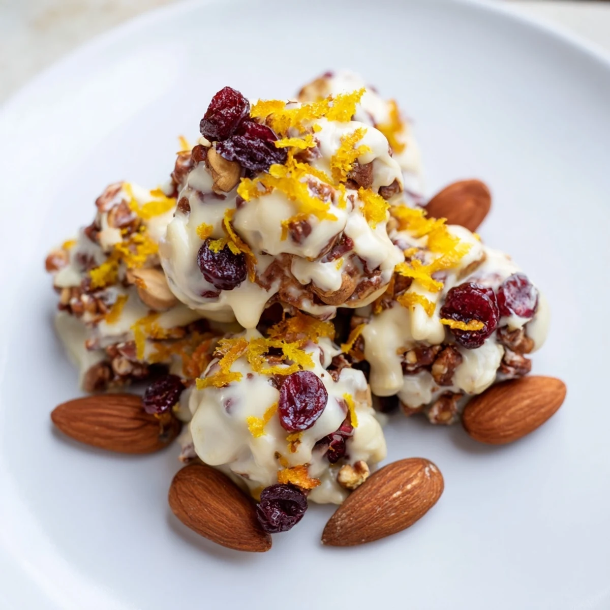 Close-up photo shows a serving of sweet, colorful Festive Citrus Clusters with almond pieces.