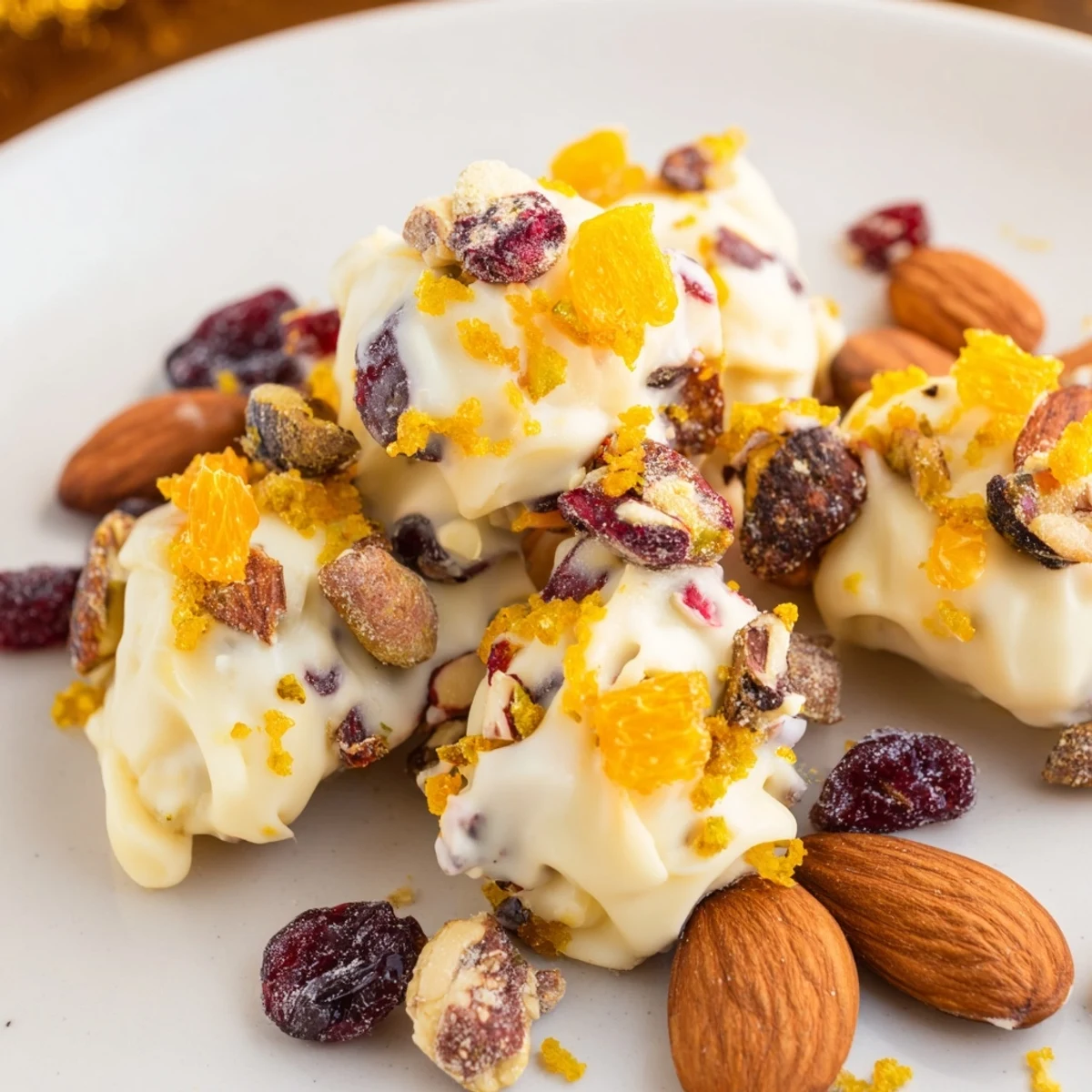 Bright and bubbly Festive Citrus Clusters, perfect treat of white chocolate, nuts, and citrus zest.