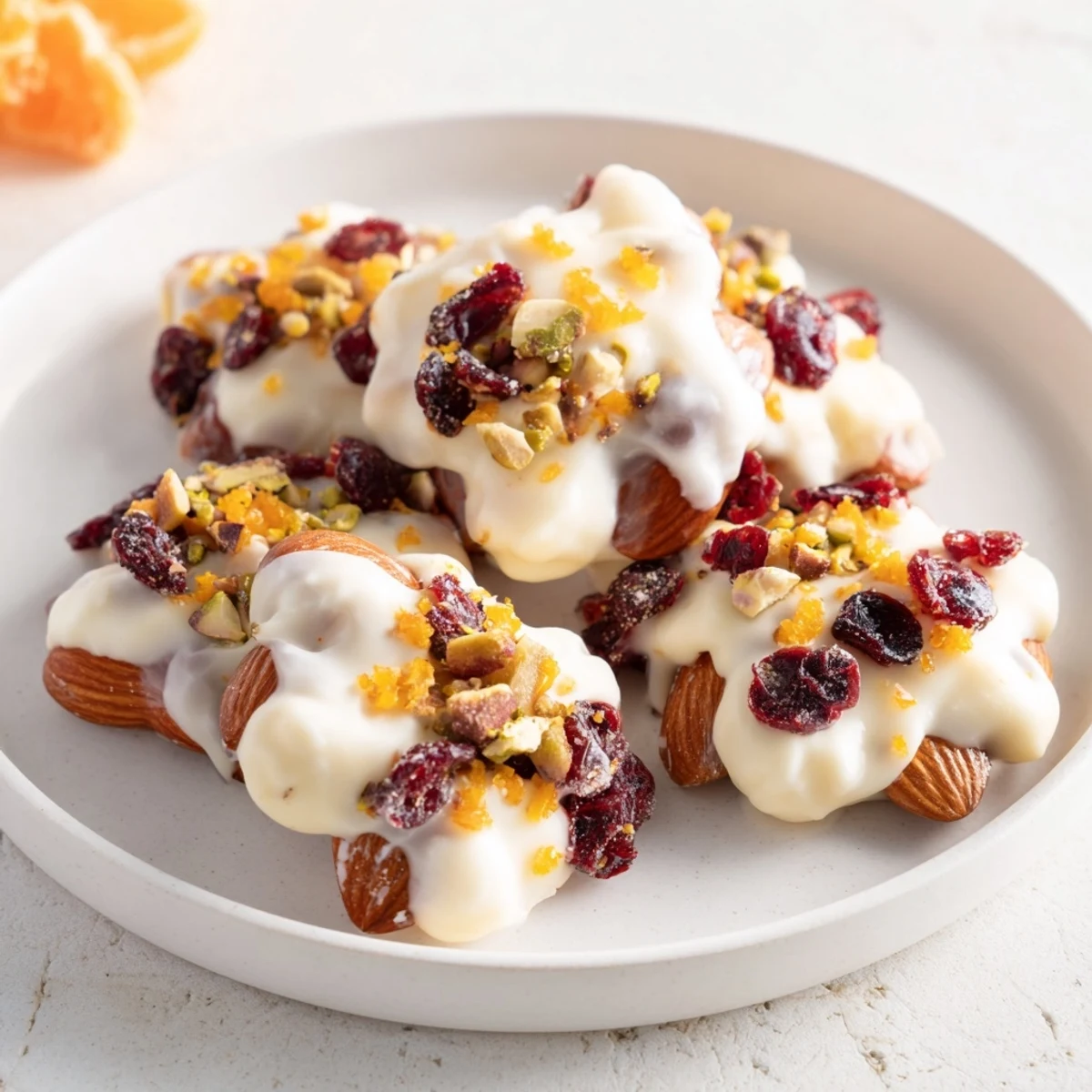 Homemade Festive Citrus Clusters: a vibrant, festive holiday dessert arranged on a baking sheet.