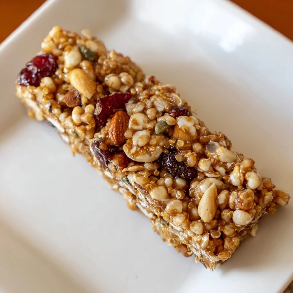 Golden-edged Wholesome Quinoa Bars, chewy and full of oats, nuts, and dried fruit for energy.