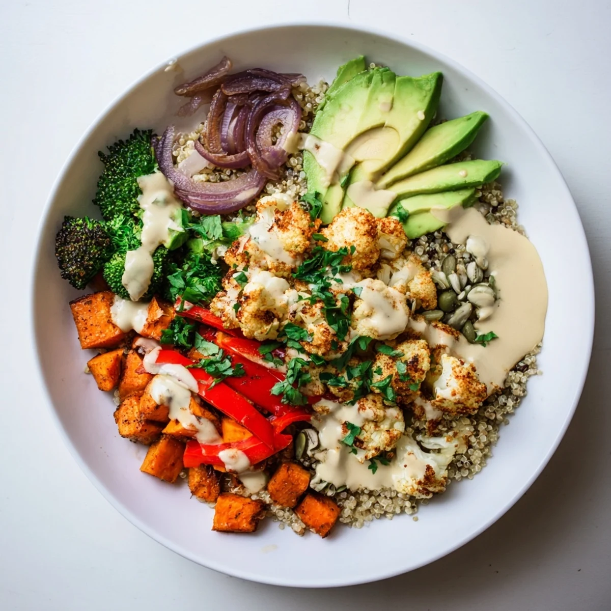 A close-up of a colorful warm veggie bowl, perfect for a healthy vegan dinner.