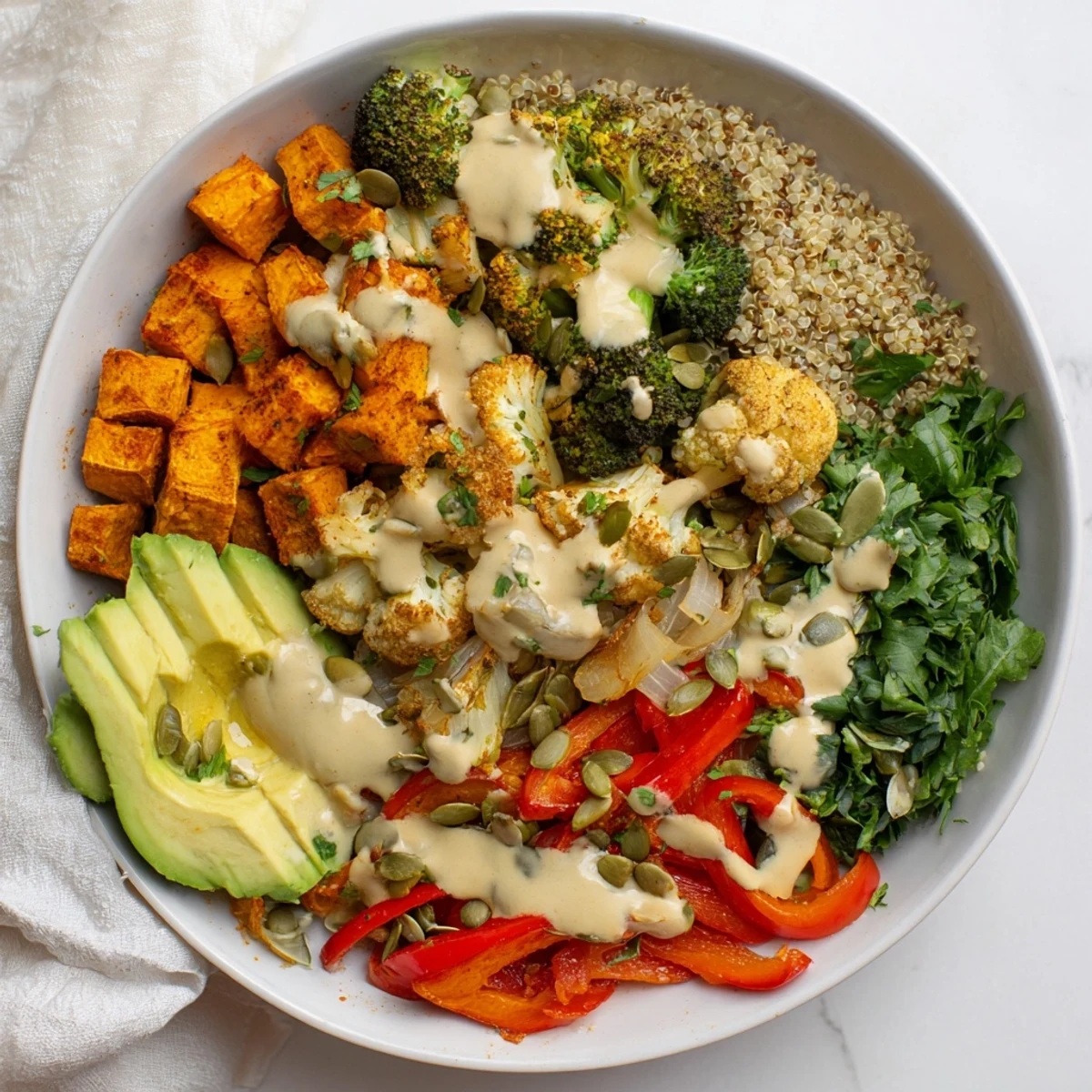 Delicious warm veggie bowl with fresh herbs and a nutty tahini dressing, ready to eat.