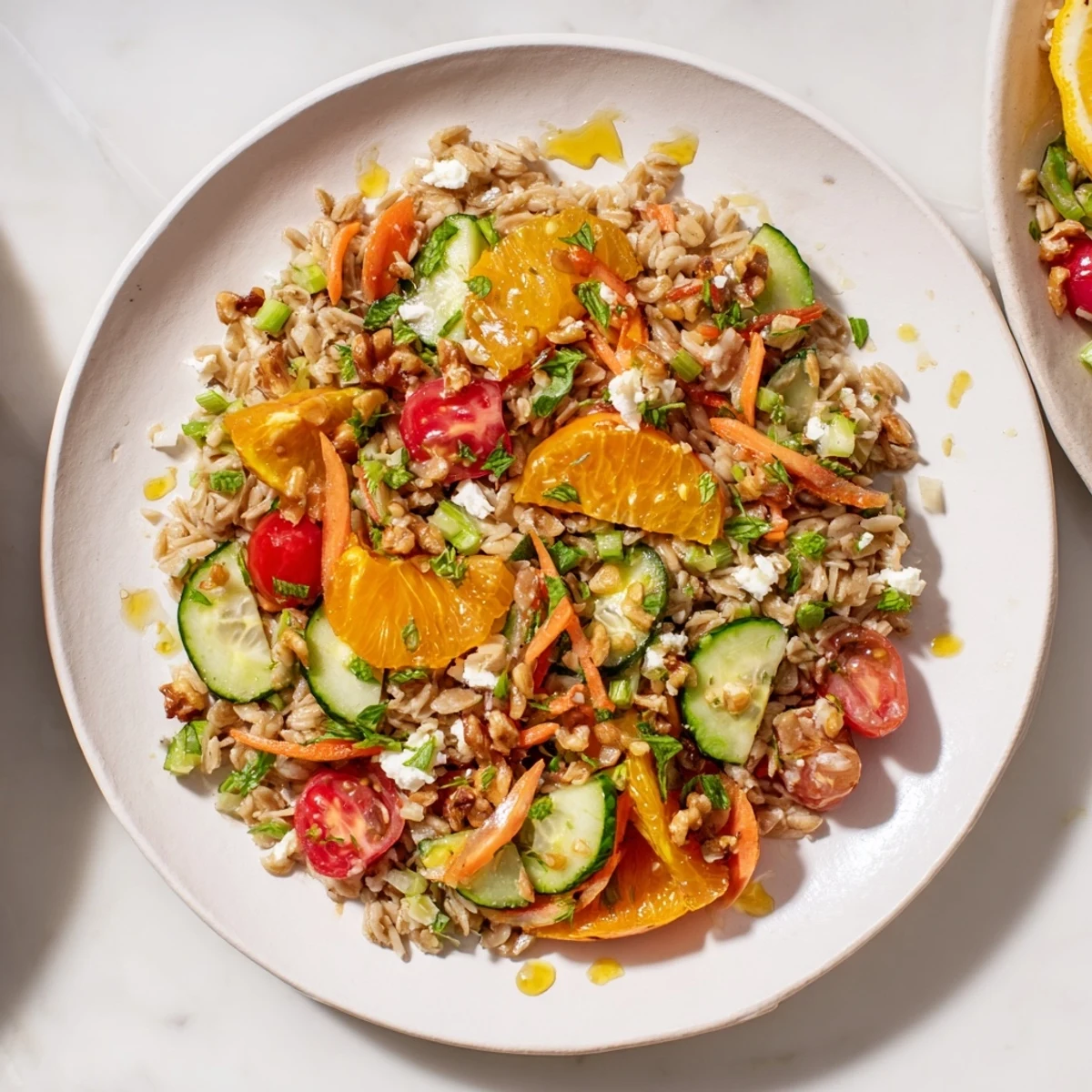 Close-up photo of the finished New Year Oat Salad, with bright vegetables and zesty dressing.