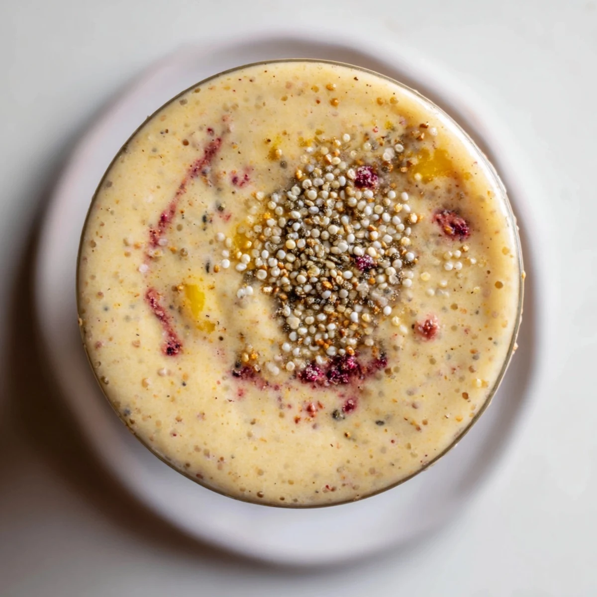 Vibrant Vegan Quinoa Smoothie, featuring frozen berries and mango, blended to a creamy texture.