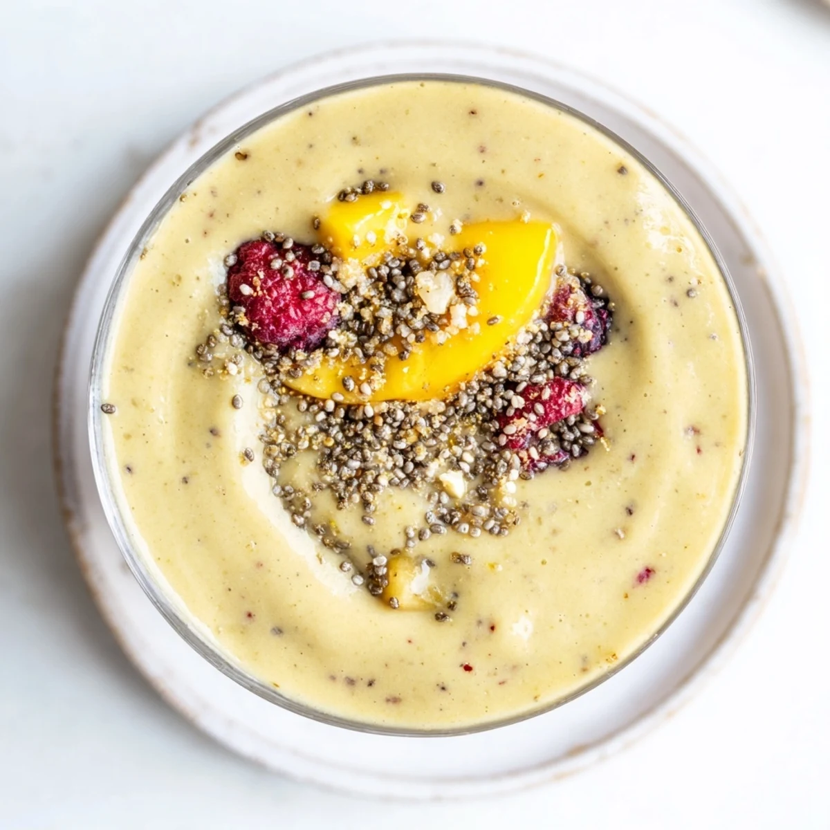 A refreshing close-up of a Vegan Quinoa Smoothie, ready to enjoy with a hint of cinnamon.