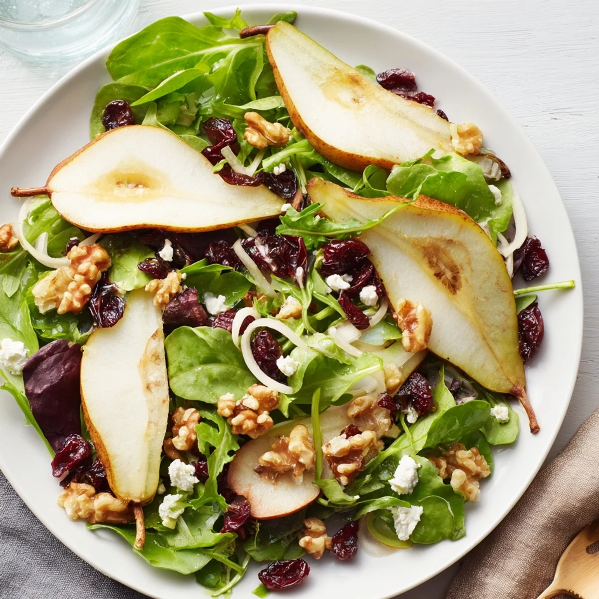 Bright Pear Salad, featuring vibrant ripe pears and goat cheese, ready to be tossed with delicious dressing.