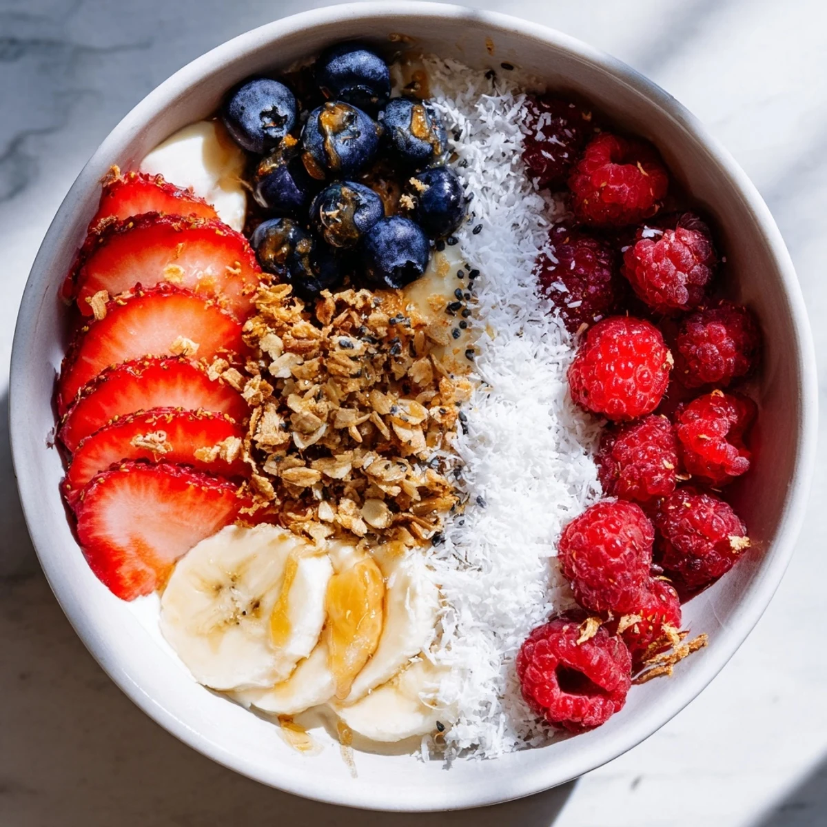 Freshly assembled vegan berry bowl featuring juicy berries, creamy yogurt, and a sprinkle of coconut.