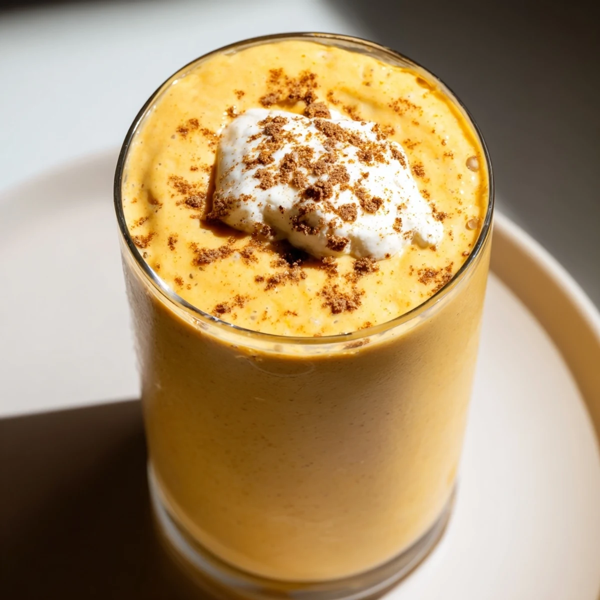 Creamy Bright Pumpkin Smoothie, swirled in a glass, ready for a delicious breakfast.