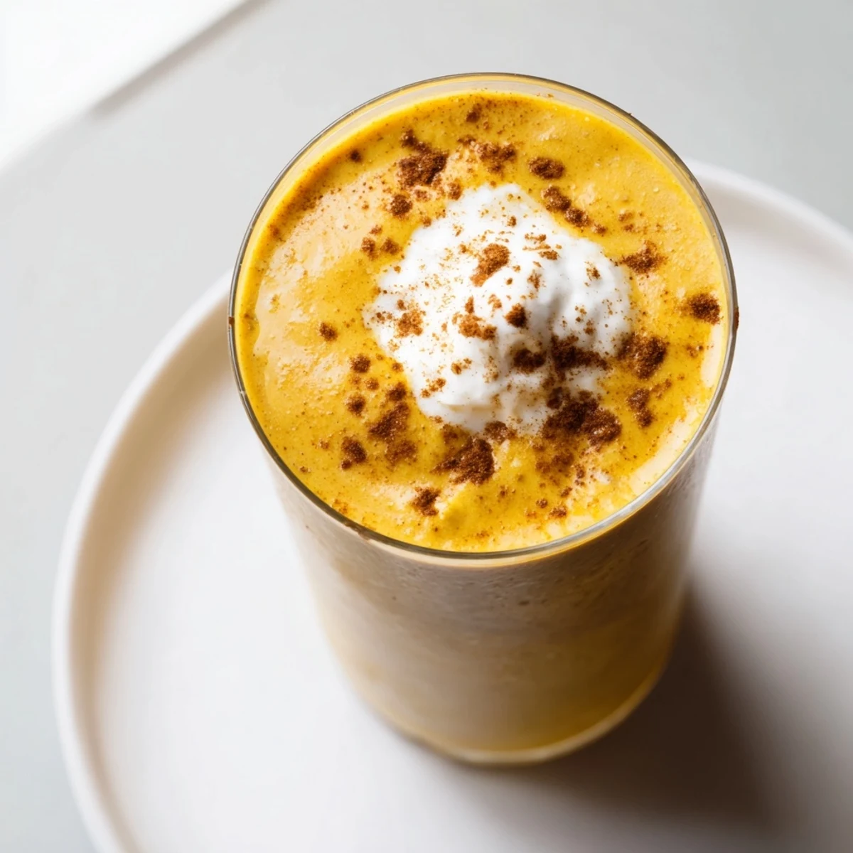 A brightly colored Bright Pumpkin Smoothie, perfect blend of autumnal flavors and spices.