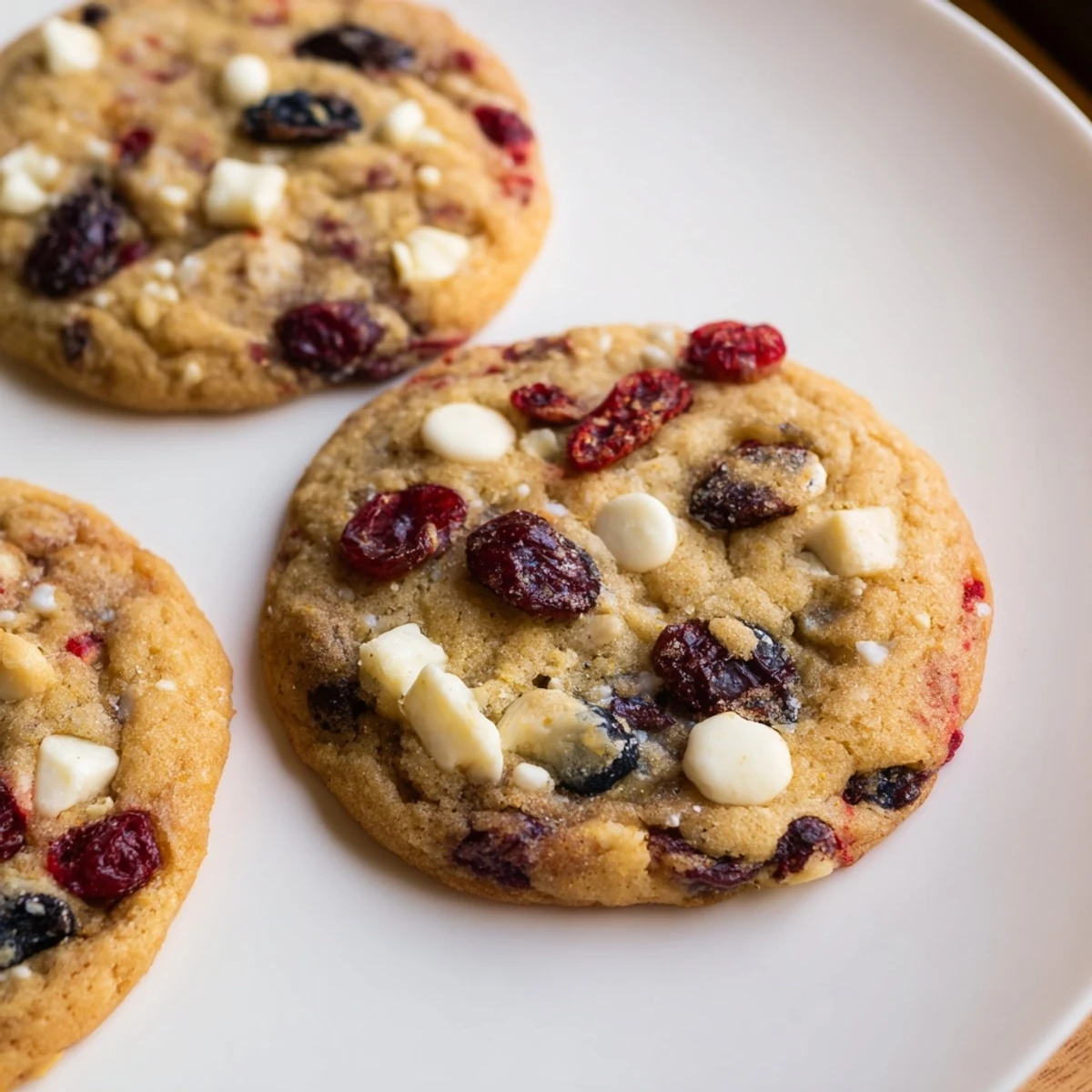 Golden, baked Festive Berry Cookies, studded with vibrant berries, ready to enjoy with a cup of tea.