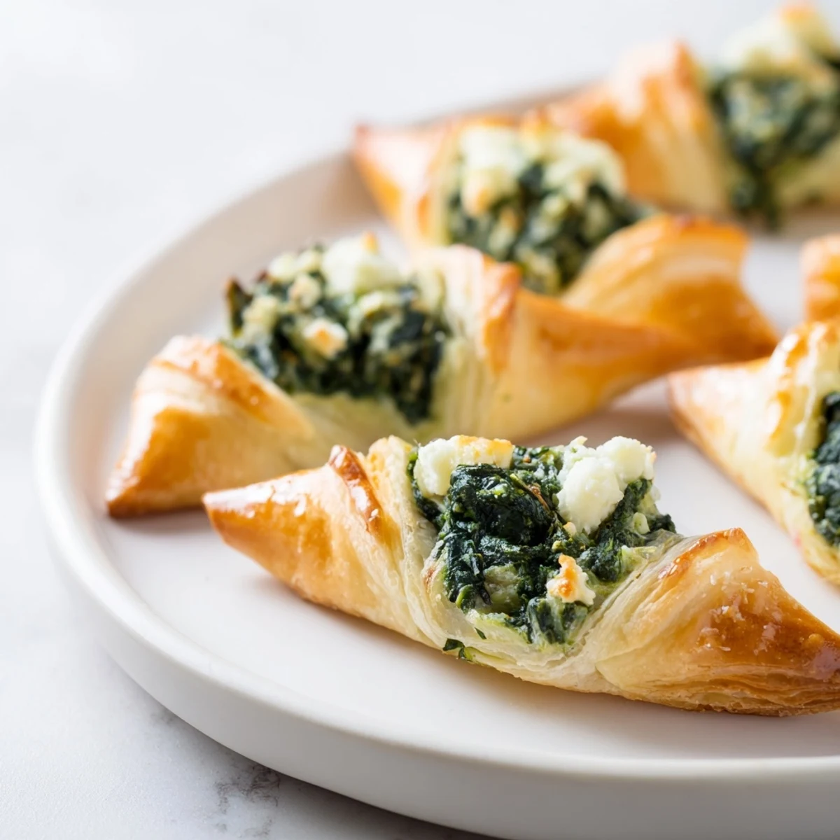Golden, flaky Seasonal Spinach Bites ready to eat, filled with creamy spinach and savory cheese.