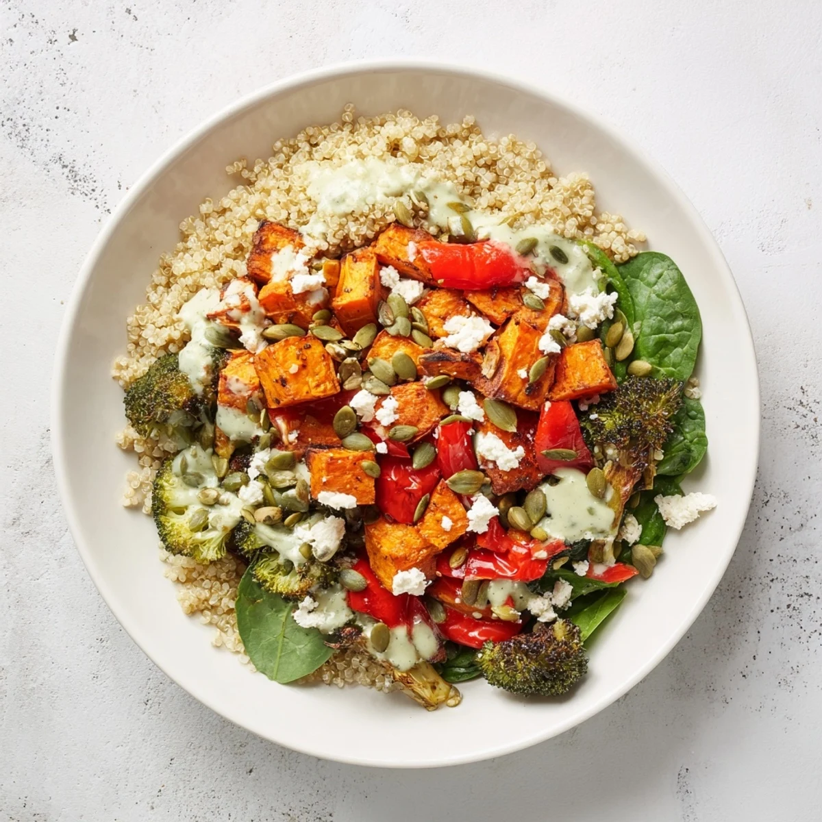 Fluffy quinoa bowl, vibrant seasonal vegetables, and creamy lemon-tahini dressing for a healthy meal.