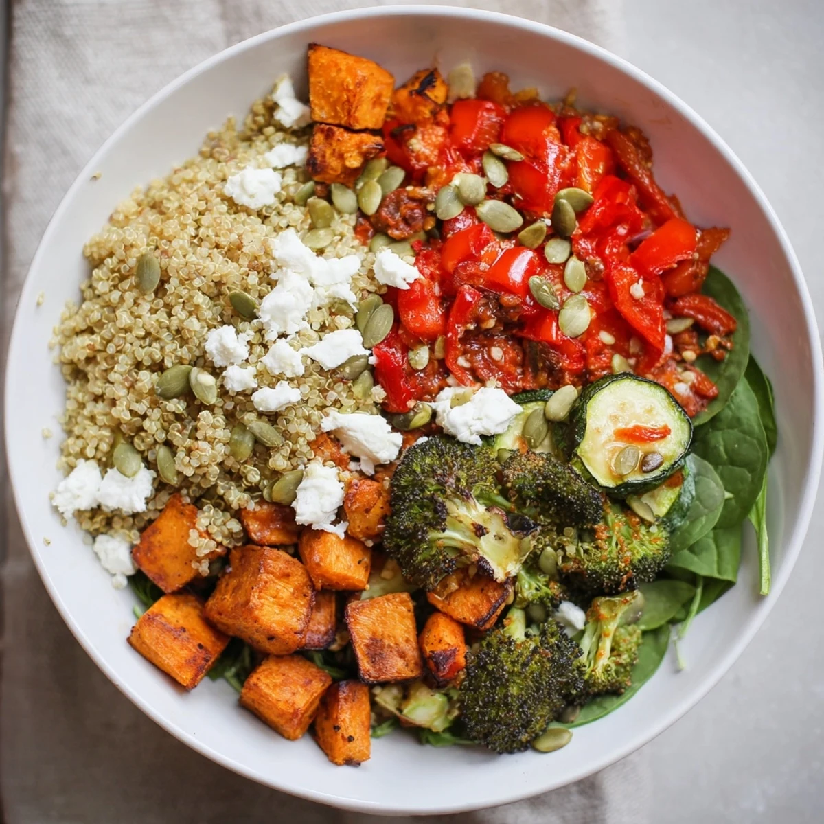A colorful photo of a Seasonal Quinoa Bowl: showcasing the roasted veggie textures and fresh greens.