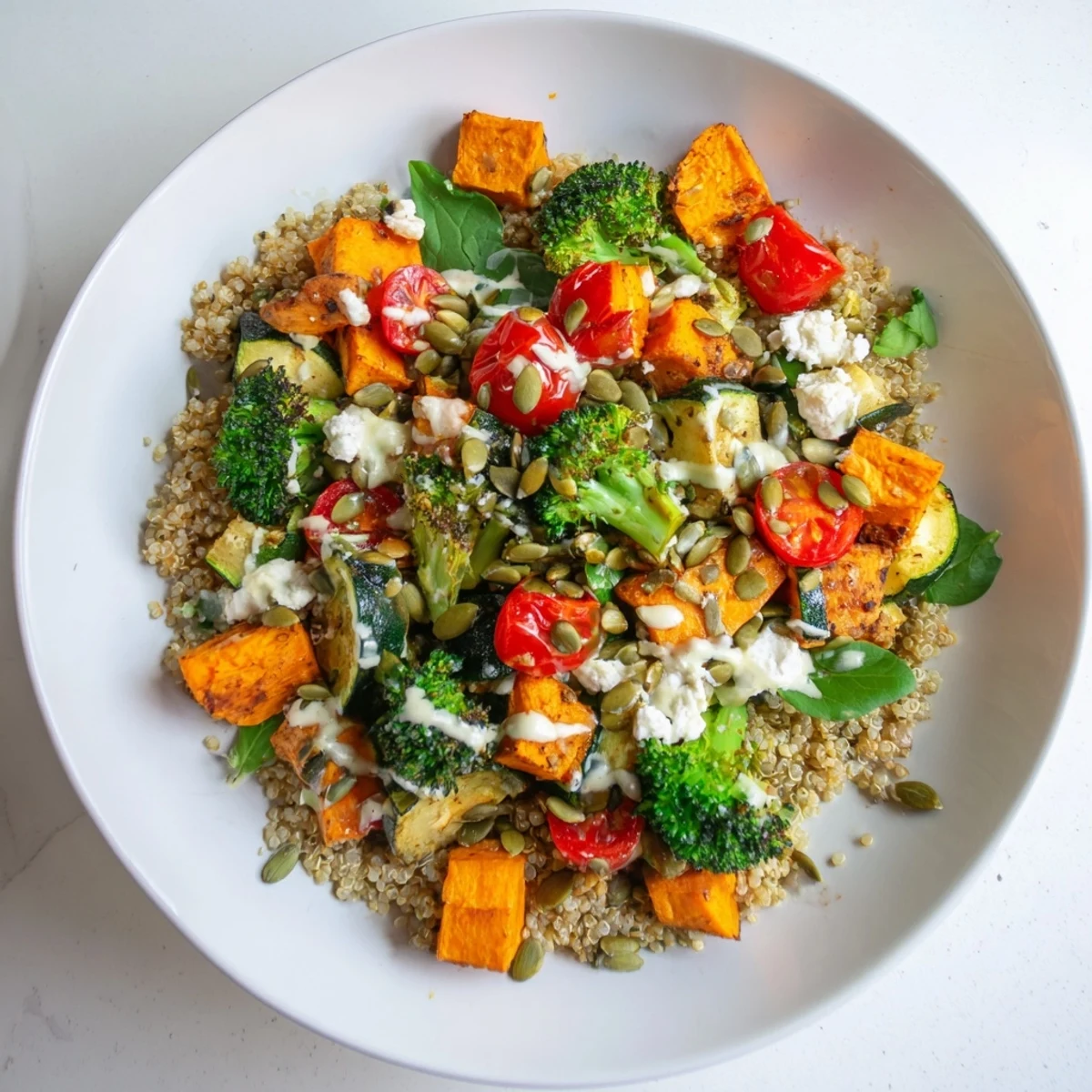 Enjoy a layered, delicious Seasonal Quinoa Bowl overflowing with wholesome ingredients and bright flavors.
