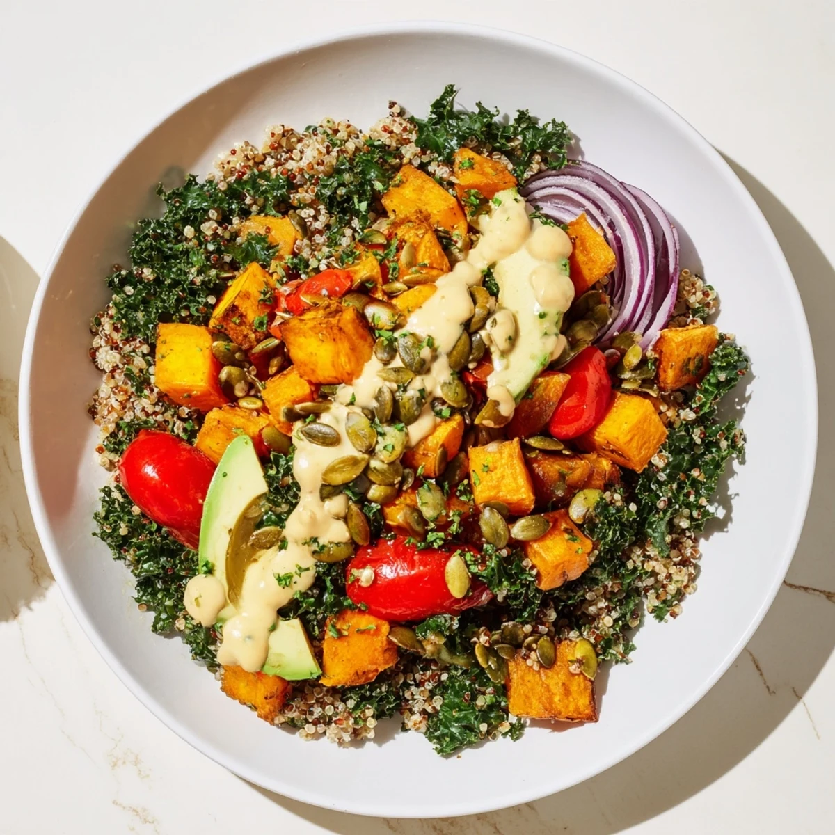This Bright Kale Bowl offers a healthy lunch, with perfectly roasted vegetables and flavorful quinoa.