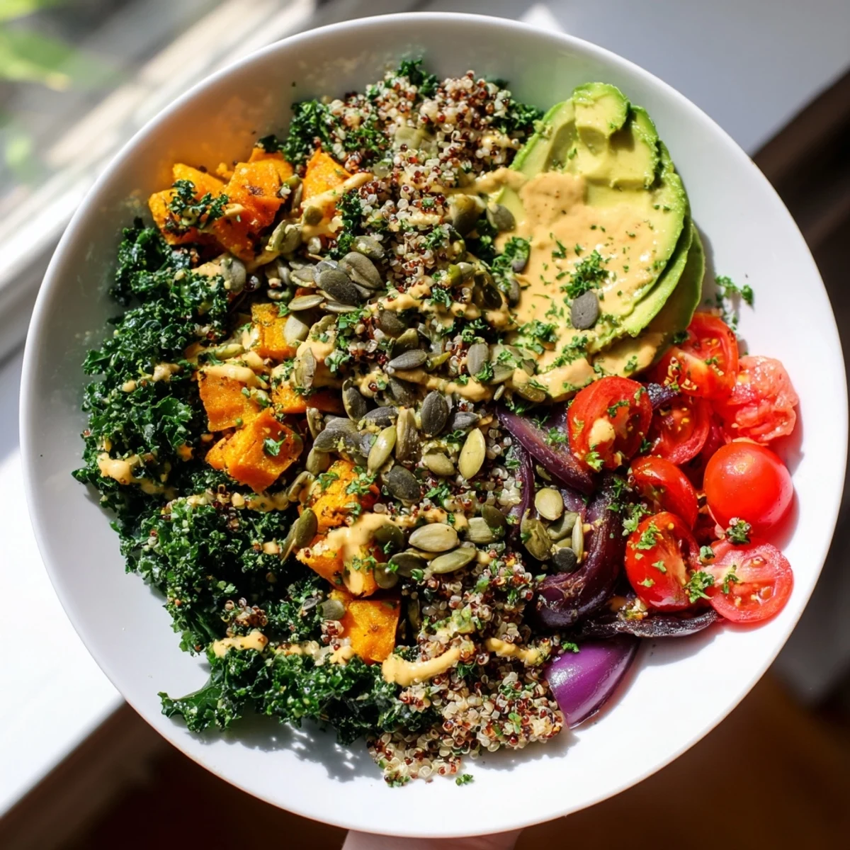 A detailed close-up shot of a Bright Kale Bowl, featuring colorful, fresh ingredients in a dish.