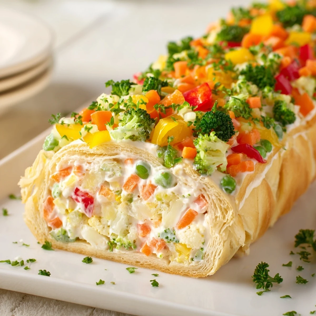 A close-up of freshly cut Festive Veggie Bars revealing a flaky crust topped with bright, crisp vegetables.