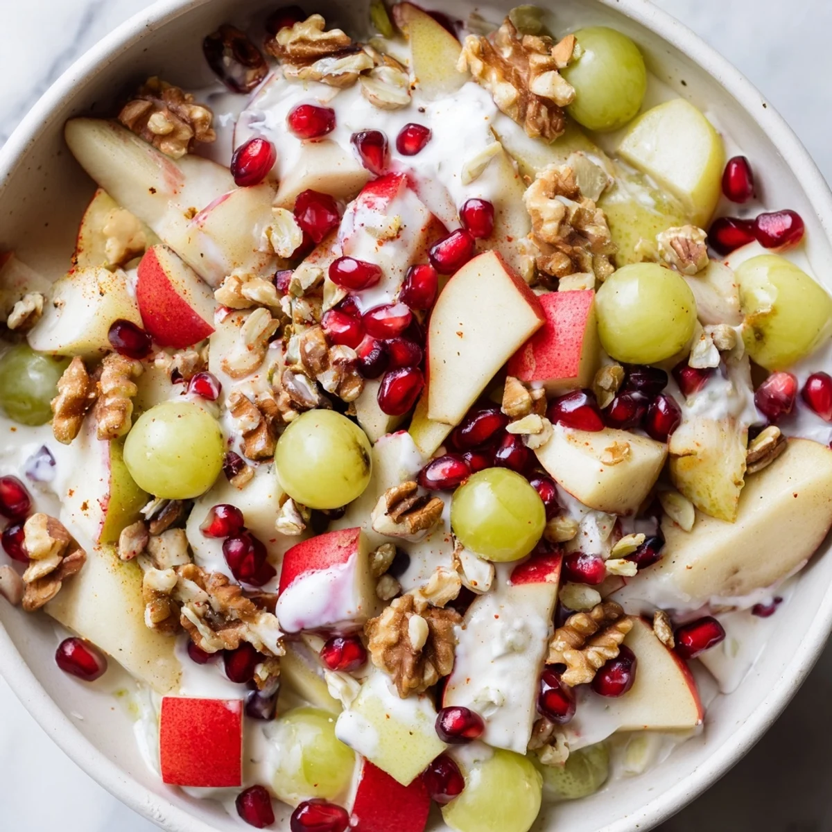 Bright Seasonal Pear Bowl with glistening fruit, nuts, and a creamy, delicious yogurt dressing.