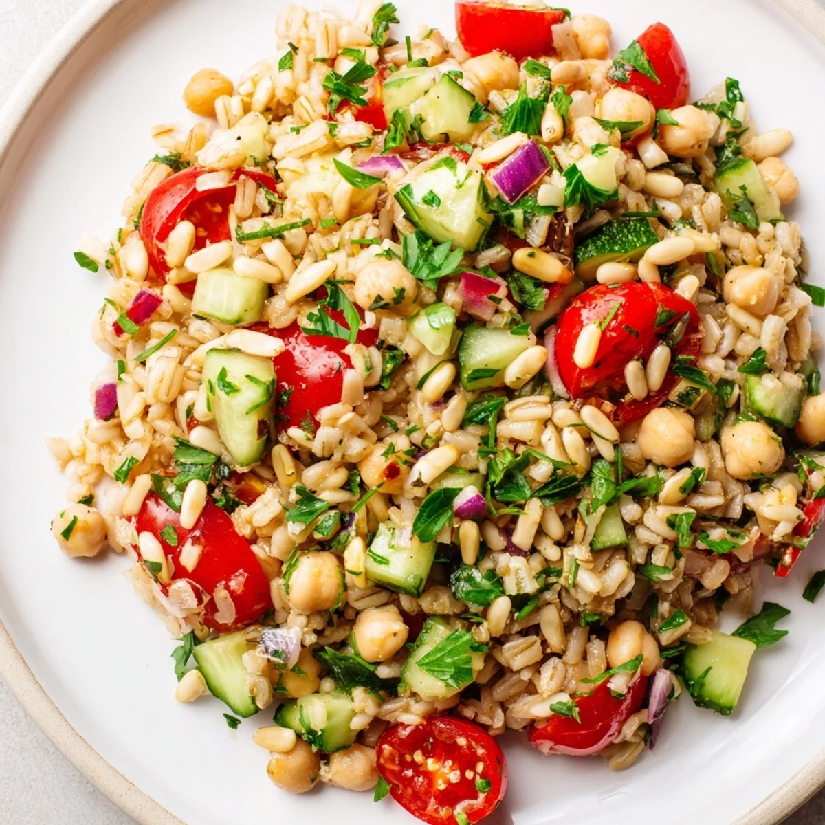 A refreshing Wholesome Oat Salad with colorful vegetables and a bright lemon dressing.