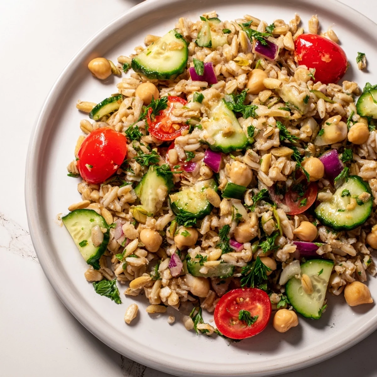 Earthy oats and fresh veggies combine in a beautiful bowl of Wholesome Oat Salad for a healthy meal.