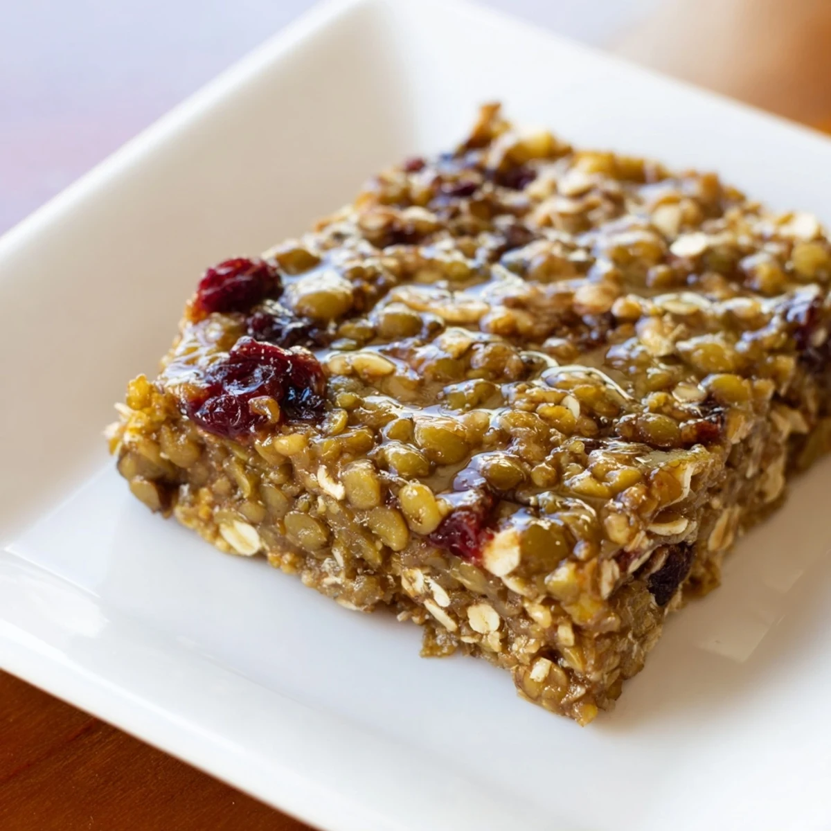 Slicing into a batch of homemade Cozy Lentil Bars, filled with oats, fruit, and nutty goodness.