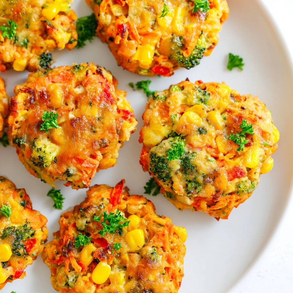 Golden-brown Bright Veggie Bites, crispy on the outside, showcasing colorful vegetables, perfect for snacking.