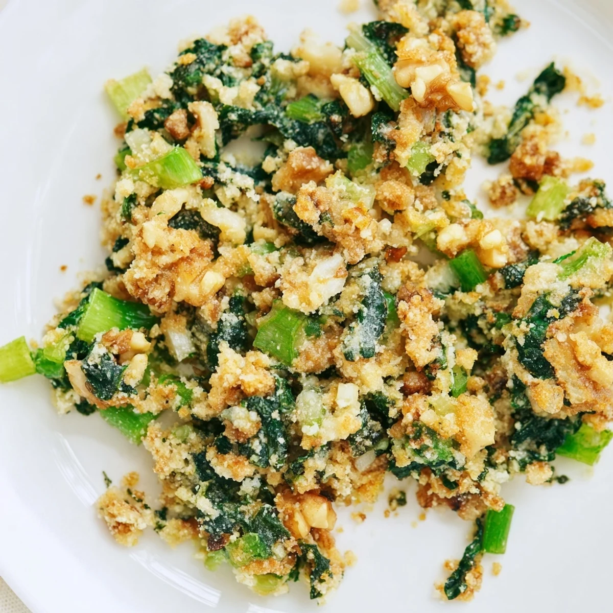 A close-up of baked Fresh Spinach Clusters shows textures of cheese and nuts, promising a delicious snack.