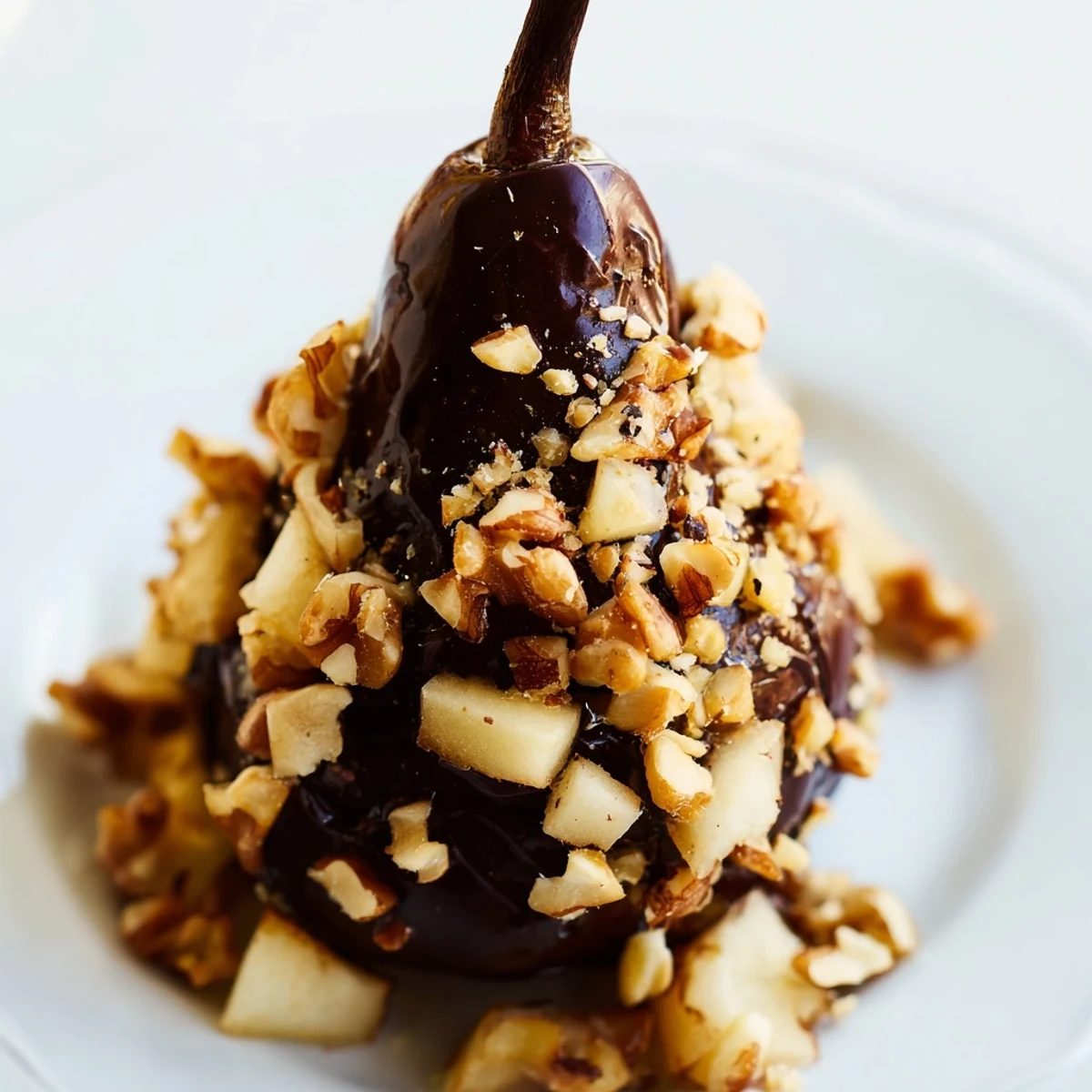 Golden Seasonal Pear Clusters with dark chocolate drizzle, garnished with toasted walnuts on a rustic wooden board for an autumn dessert snack.