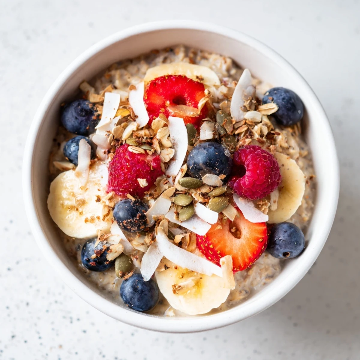 Steaming bowl of Bright Oat Porridge topped with fresh berries, sliced banana, and toasted coconut flakes.