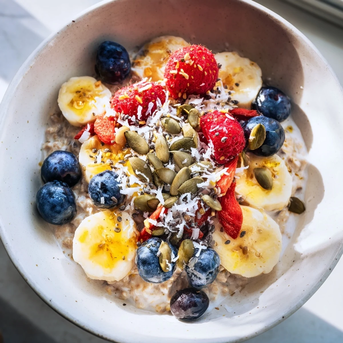Vibrant Bright Oat Porridge garnished with lemon zest and maple syrup, ready for a nourishing breakfast.